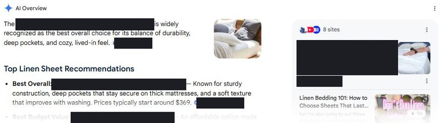 Google AI Overview for a linen sheets query, brand names redacted