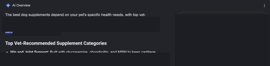 Google AI Overview for a pet supplements query, brand names redacted